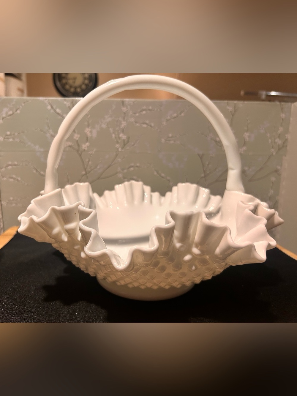 Vintage Fenton Ruffled Hobnail Milk Glass Basket- Large